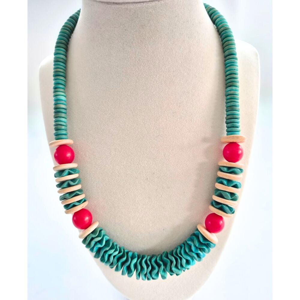 Vintage Necklace 1950's Chunky Statement Blue Red Bead Retro Boho